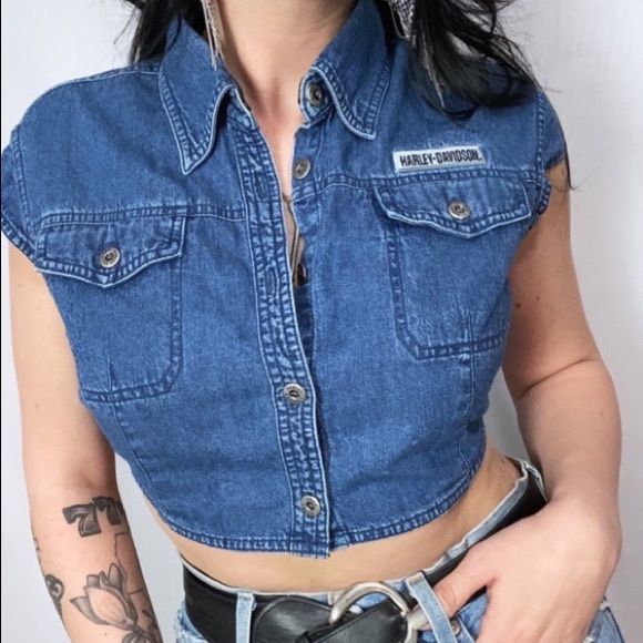 VINTAGE HARLEY DAVIDSON DENIM EMBROIDERED CROP TOP - Picture 2 of 6